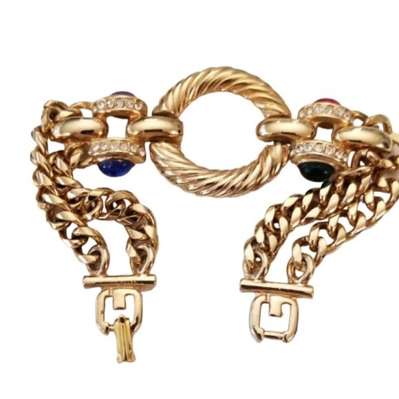 Gold Tone Clear Rhinestone Cab Dual Chain Ribbed Rope Center 8"Long Bracelet L54 - Picture 6 of 10